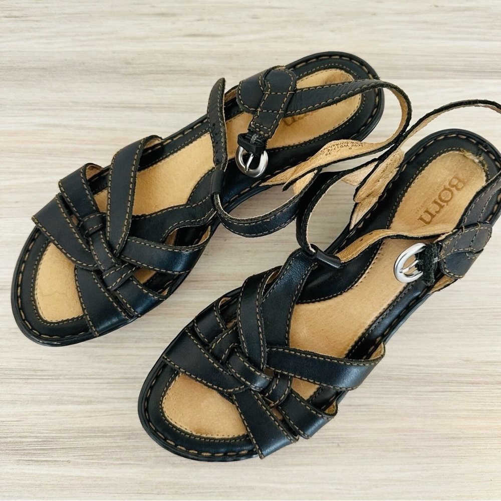 Born Women's Black Leather Strappy Sandals Comfort Wedge Shoes Size 8‎